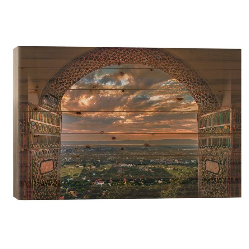 Myanmar Temple Sunset I Print On Wood by Alex G Perez - Multi-Color - 18x26x1.5