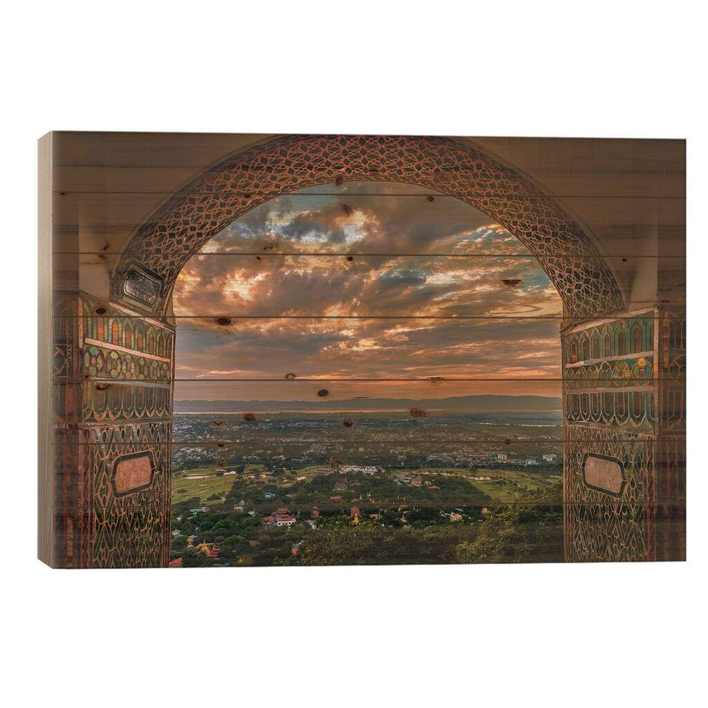Myanmar Temple Sunset I Print On Wood by Alex G Perez - Multi-Color