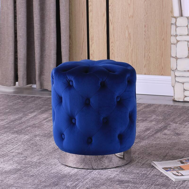 Best Master Furniture Velvet Upholstered Tufted Ottoman with Chrome Base - Blue
