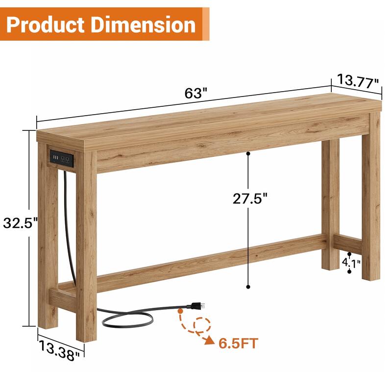 63-In Console Table with Charging Station, Farmhouse Entryway Table/ Behind Couch Table