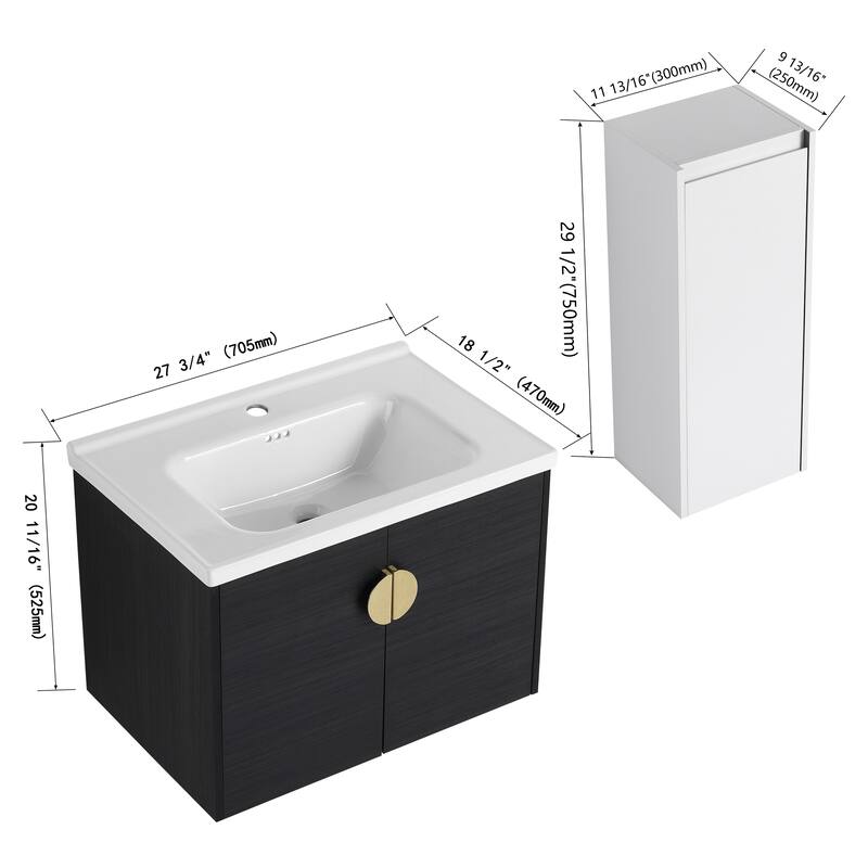 28" Wall-Mounted Bathroom Vanity With Ceramic Sink and Side Cabinet, Soft Close Doors, Combination Cabinet