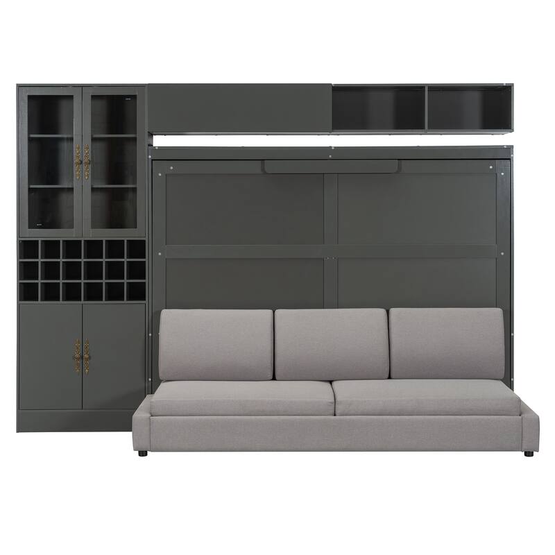 Wood Wall Murphy Bed Frame with Couch, USB and Light, Foldable Wall Platform Bed with All-in-One Storage Cabinet