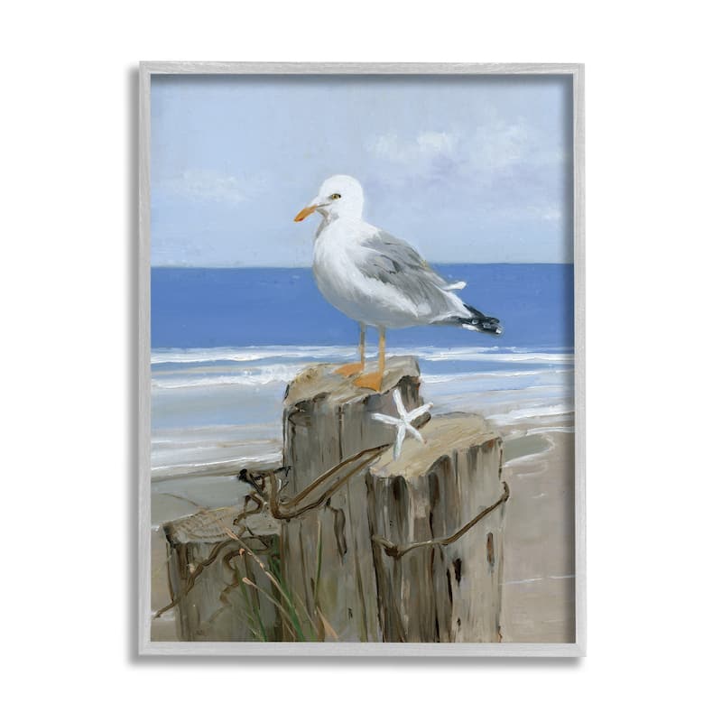 Stupell Summer Seagull and Starfish Nautical Beach Post Framed Wall Art - Blue