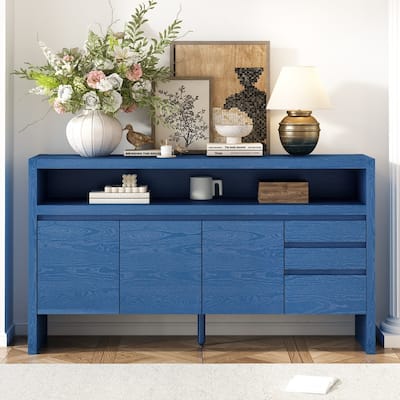 60" 3-Door Sideboard with 3 Drawers - Modern Solid Ash Veneer MDF Sideboard, Semi-Open Shelf