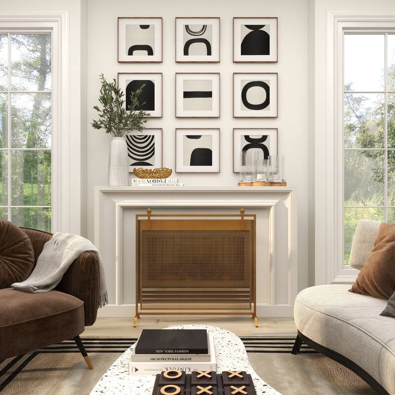 Copper Metal Suspended Grid Style Netting Single Panel Fireplace Screen with Bolted Detailing