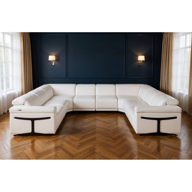 HomeRoots White Italian Leather Power Reclining U Shaped Eight Piece Corner Sectional With Console - Symmetrical - White