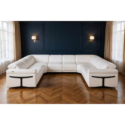 HomeRoots White Italian Leather Power Reclining U Shaped Eight Piece Corner Sectional With Console