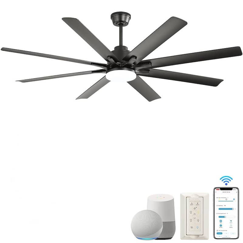 66 Inch Modern Ceiling Fan With Dimmable Led Light 8 ABS Blades Smart Remote Control Reversible DC Motor Black For Home Office - Matte Black