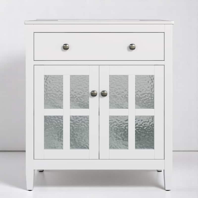 30" Bathroom Vanity with Ceramic Sink, Solid Wood Tapered Legs, Tip-Out Tray & Soft-Close Hinges - White