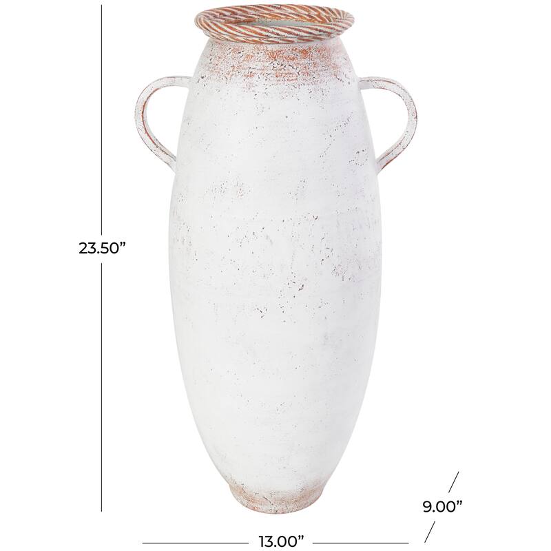 White Metal Vase with Antique Distressing and Terracotta Accents