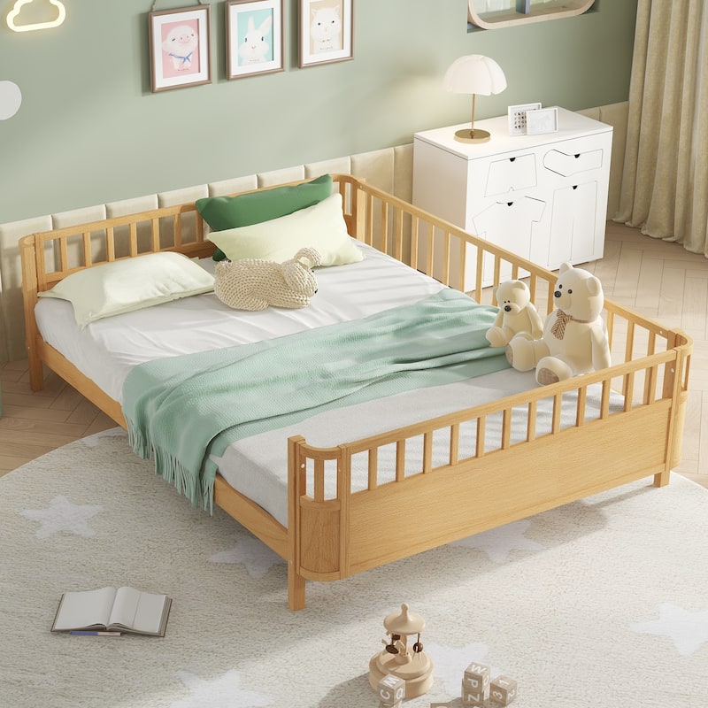 Multi Size Low Platform Bed for Kids with Rounded Corners Guardrails, Detachable Right-side Fence and Open Left-side Design - Natural - Queen