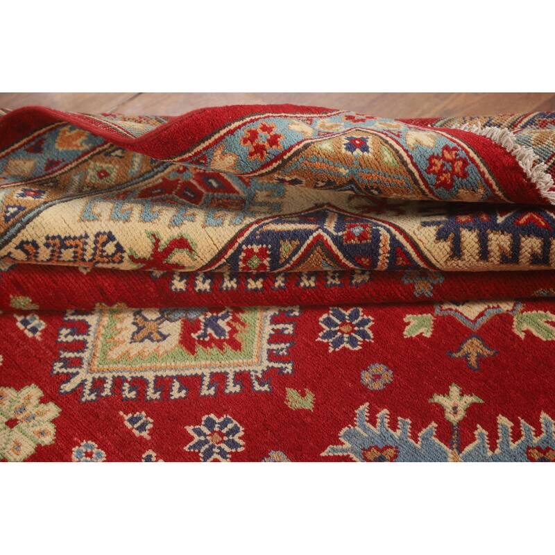 Red Geometric Kazak Area Rug Hand-Knotted Bedroom Wool Carpet - 6'2" x 10'2"