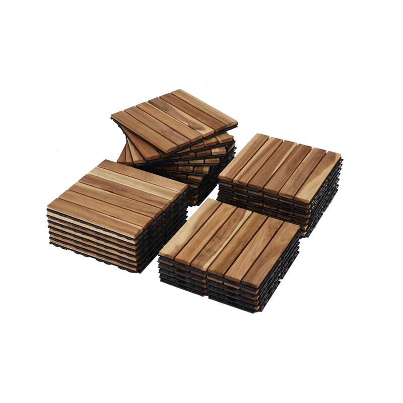 12"x12" Yellow Acacia Hardwood Deck Tiles, Interlocking Striped Pattern for Outdoor Patio, Pool