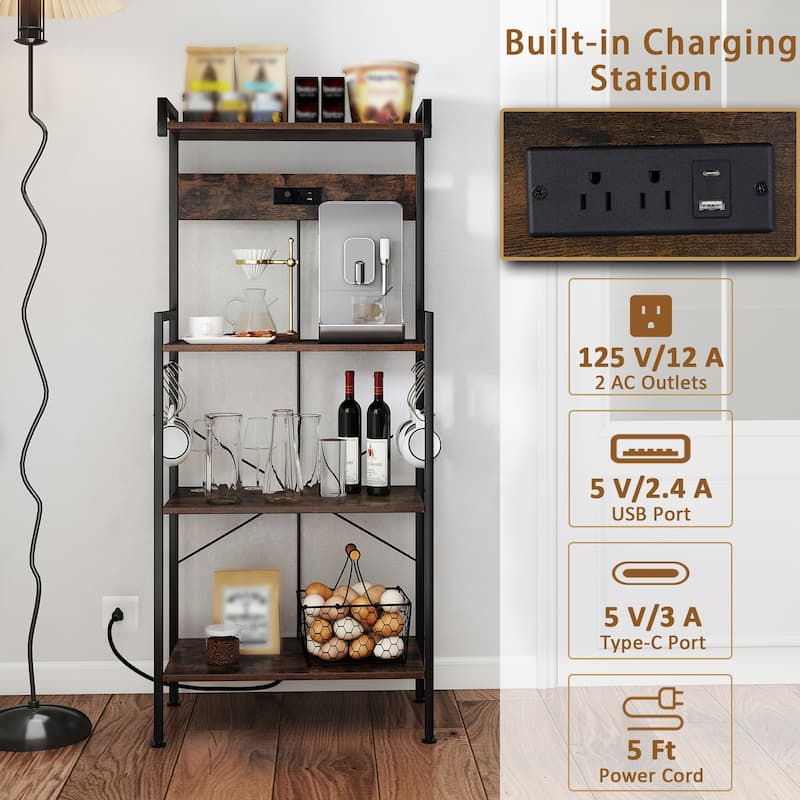 Gymax Kitchen Bakers Rack w/ Power Outlet 4 Tiers Coffee Bar Table w/