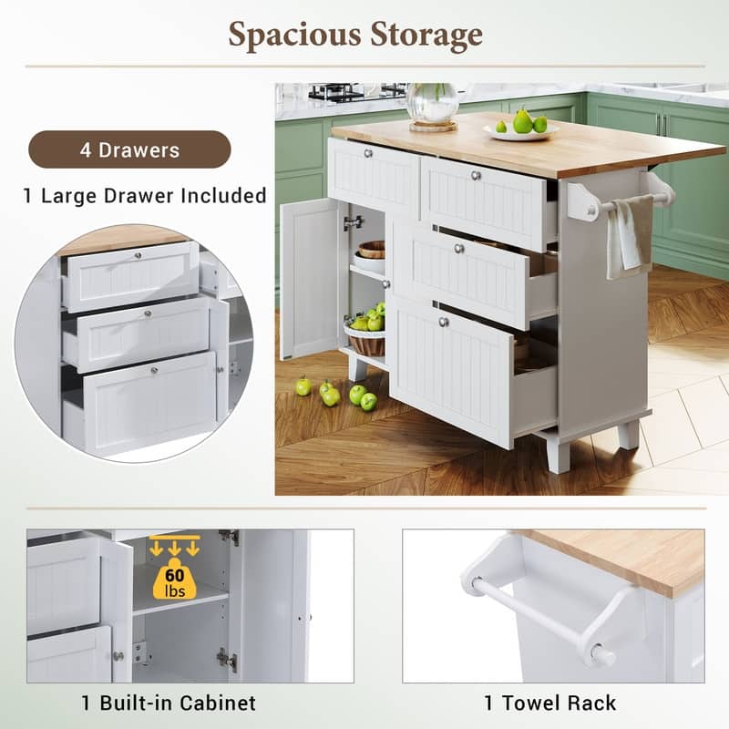 Farmhouse-Style Kitchen Island Set with Drop-Leaf Table, Two Seats, Storage Cabinet, Drawers, and Towel Rack‌