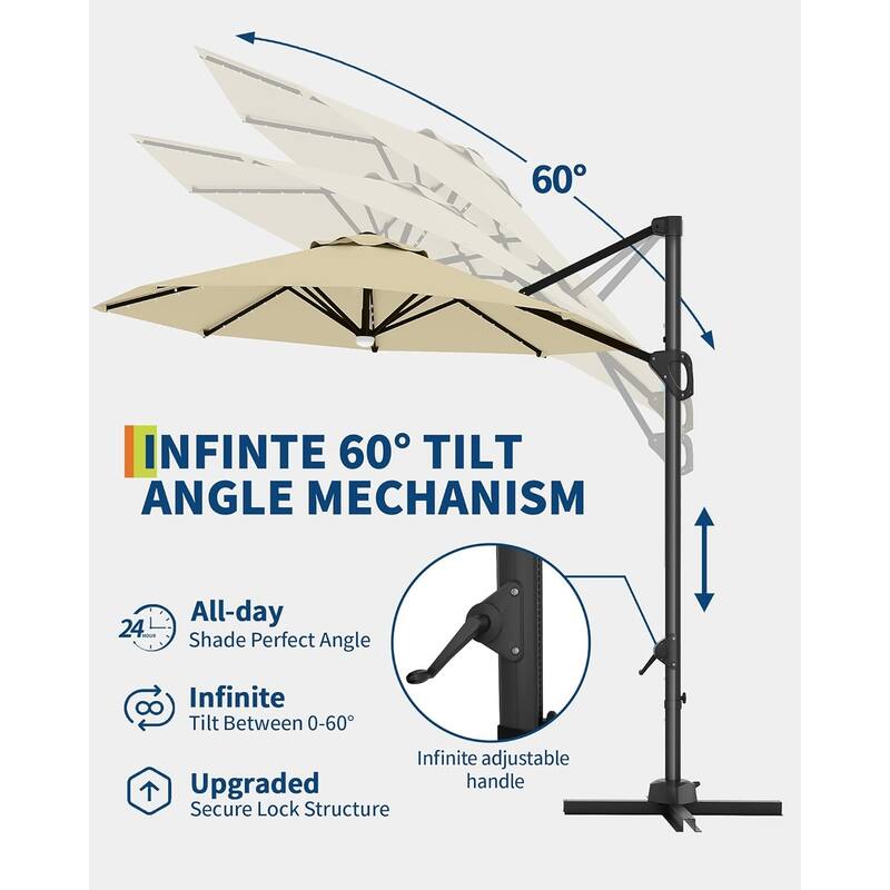 10FT Cantilever Patio Umbrella with Solar Lights, 360° Rotation Offset Umbrella