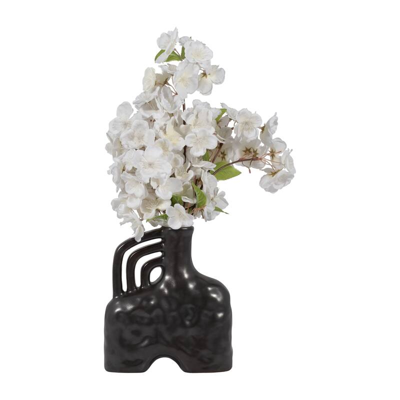 Ceramic Metallic Triple Handle Vase, Black, Novelty, Solid Color