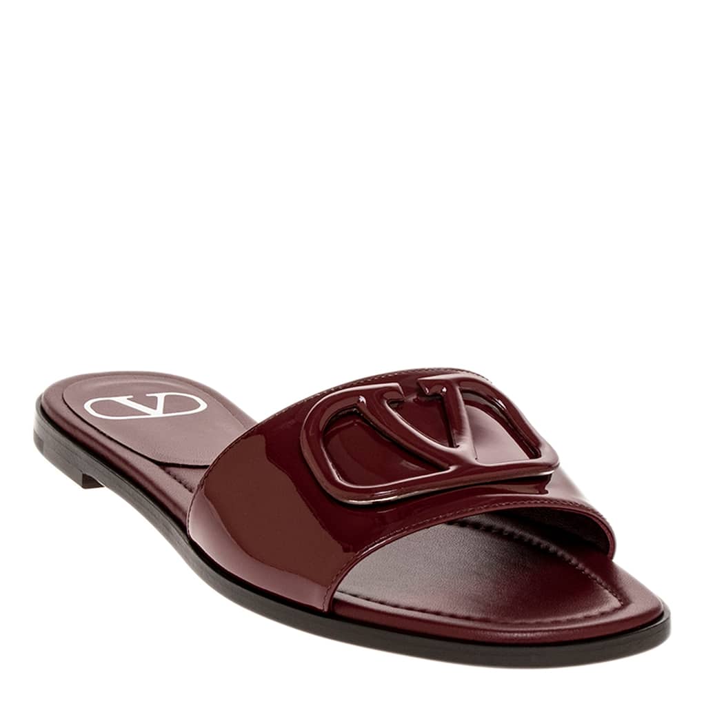 Valentino Signature Vlogo Patent Leather Slides - Burgundy