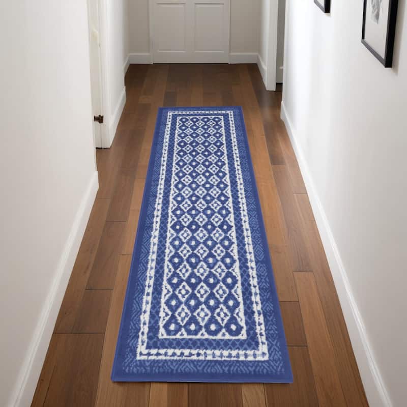 Hike Power Loomed Distressed Geometric Abstract Modern Non Skid Stain Resistant Area Rug By HomeRoots - 96' X '24' X '0.39 - 96' X '24' X '0.39 - Oxford Blue - Runner