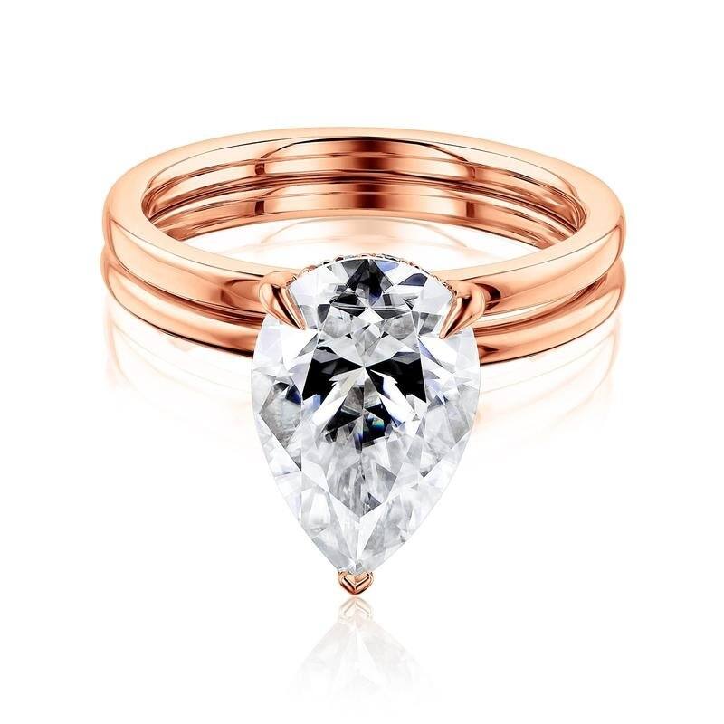 Kobelli Signature Collection 3.6 Carats Moissanite & Diamond 14k Solid Gold Pear Hidden Halo Plain Bands Piper 2pc Bridal Set - 4 - Rose