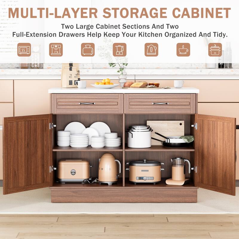 EROMMY 48" Kitchen Island Cabinet with Marble Countertop, Walnut Finish, 2 Drawers & 2 Cabinets