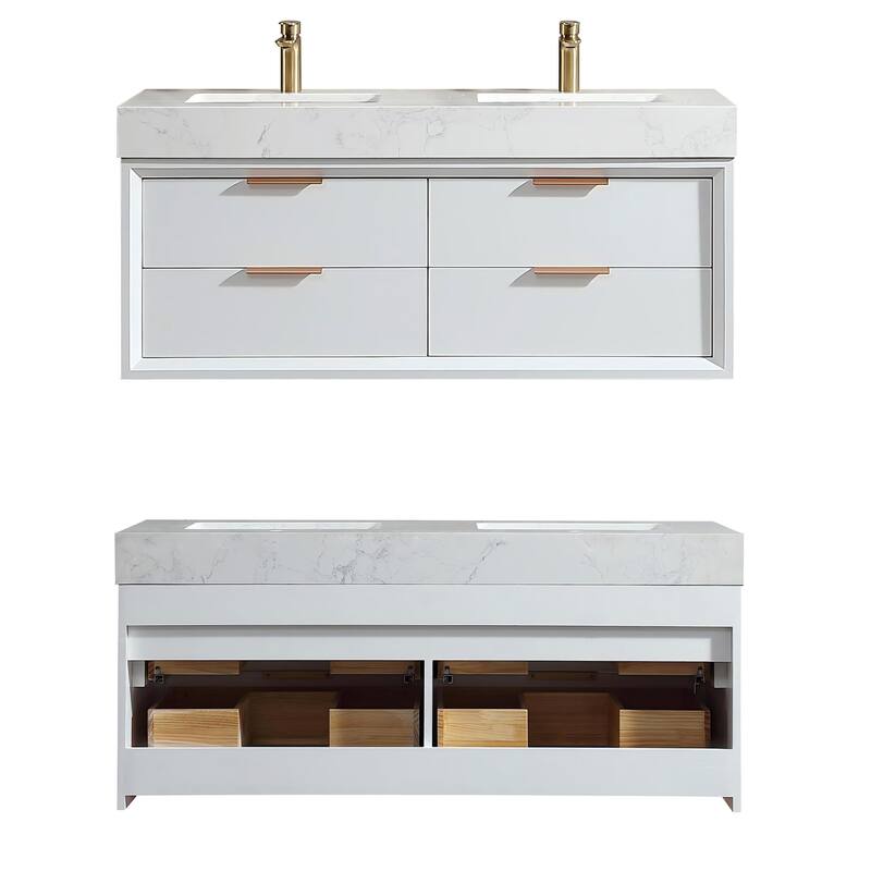 36/48/60 Modern Floating Bathroom Vanity with Sinle/Double Sink & Soft-Close Drawers & LED Lighting & Waterproof, White