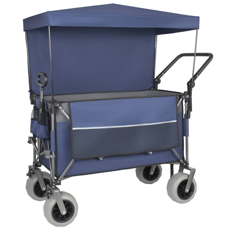 Multi-Functional Push-Pull Folding Wagon Cart with Rotating Handle & Canopy, 9"x4" Beach Tires, 300L Large Capacity - Grey/Blue