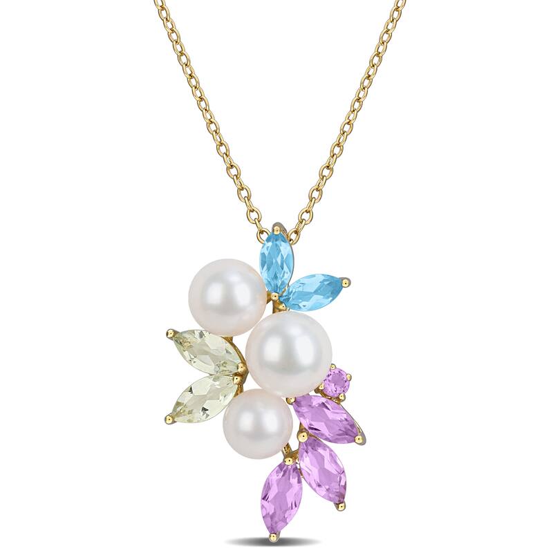 Miadora Cultured Freshwater Pearl and Multi-Gem Cluster Necklace Yellow Plated Sterling Silver