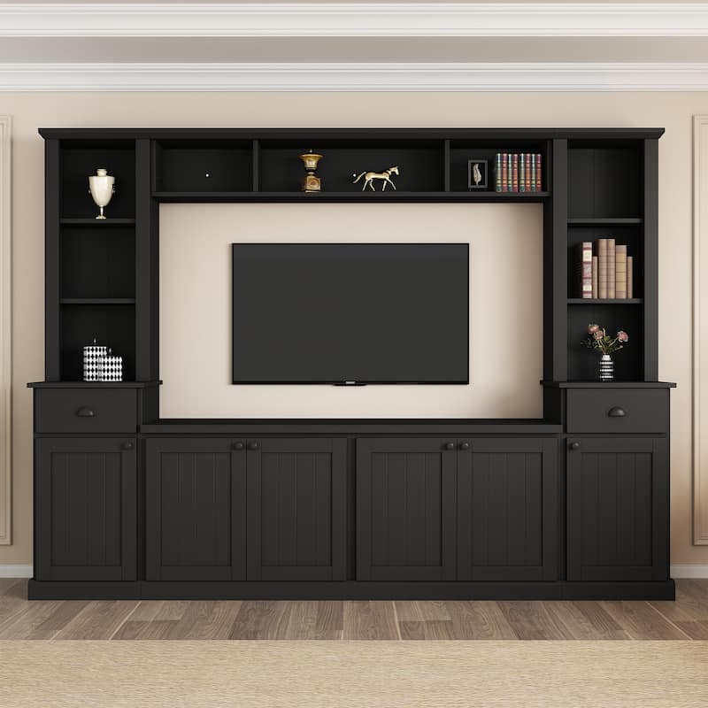 Modern Entertainment Center for 75" TV, Wall Unit TV Stand with Bridge & Adjustable Shelves, Large Media Console with Cabinet