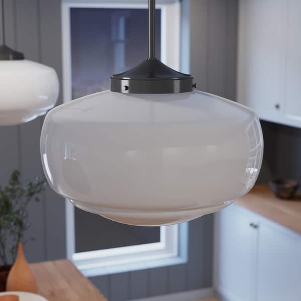 slide 2 of 34, Hunter 16" Saddle Creek 1 Light Pendant / Semi-Flush Mount Ceiling Light - Entry, Kitchen Island, Dining Room - Schoolhouse Noble Bronze - Cased White Glass