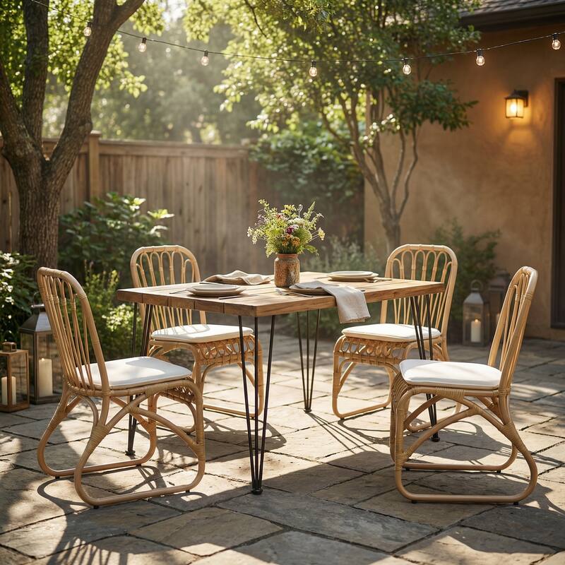 5 PCS Outdoor Dining Set for 4, Square Table with Acacia Wood Top & Rattan Chairs - Beige