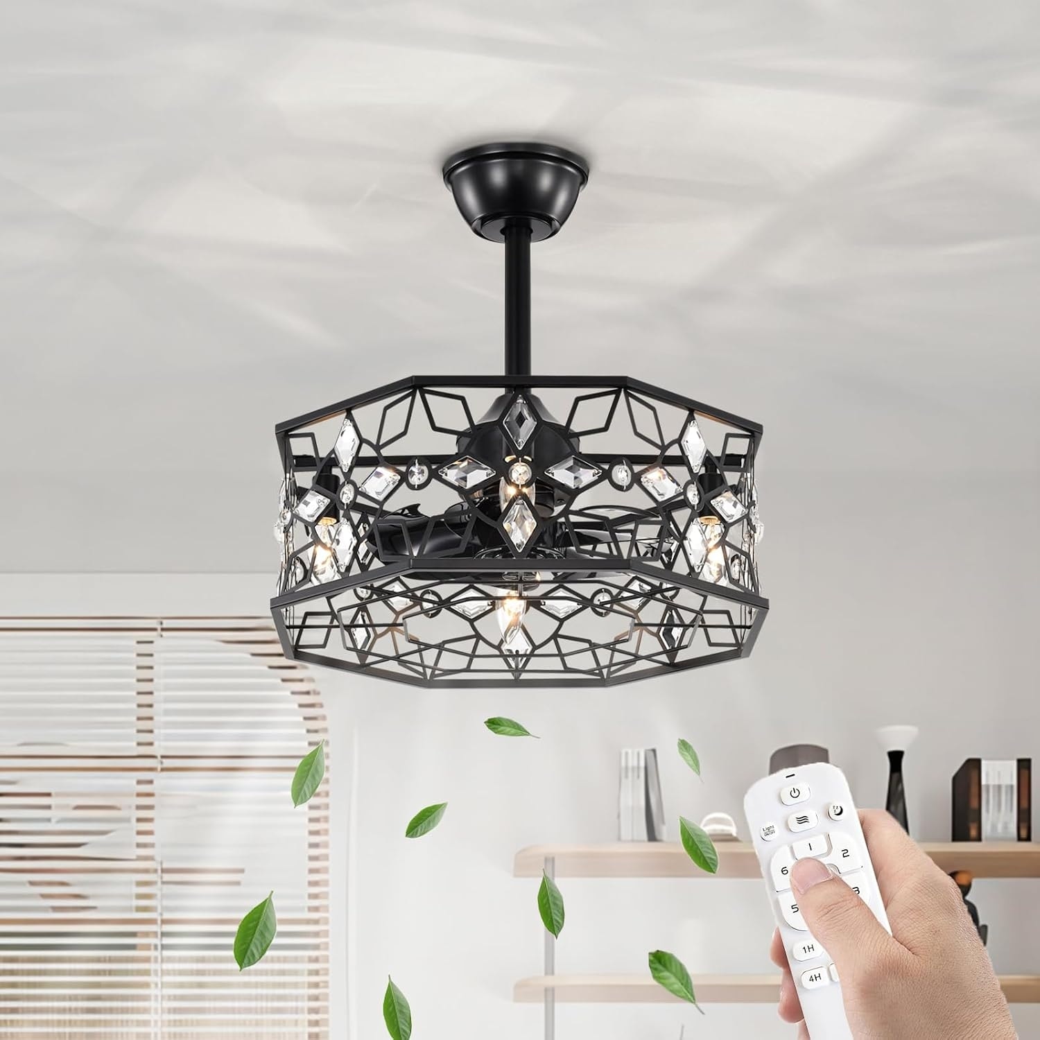 19.3"H Caged Ceiling Fan with Light,Crystal Flower Ceiling Fans with Lights and Remote,Modern Industrial Fandelier Ceiling Fan