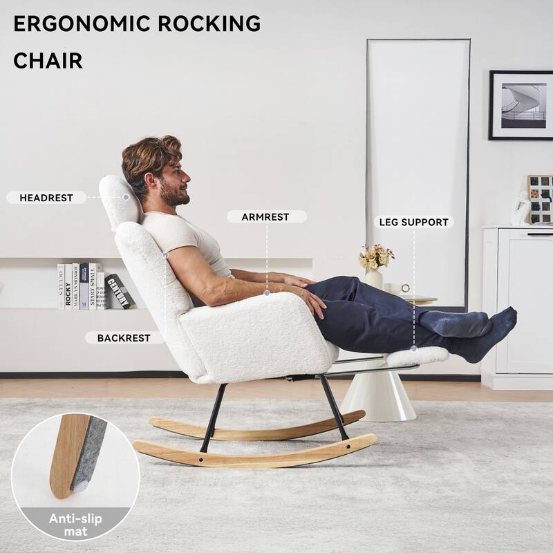Comfortable Teddy Fabric Upholstered Rocking Chair with High Backrest and Pillows for Indoor Use