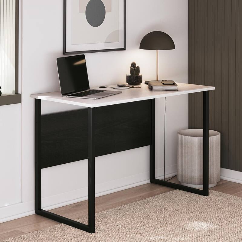 Anmytek White Modern Home Office Desk Large Surface Black Metal Legs U Shape Study Writing Workspace