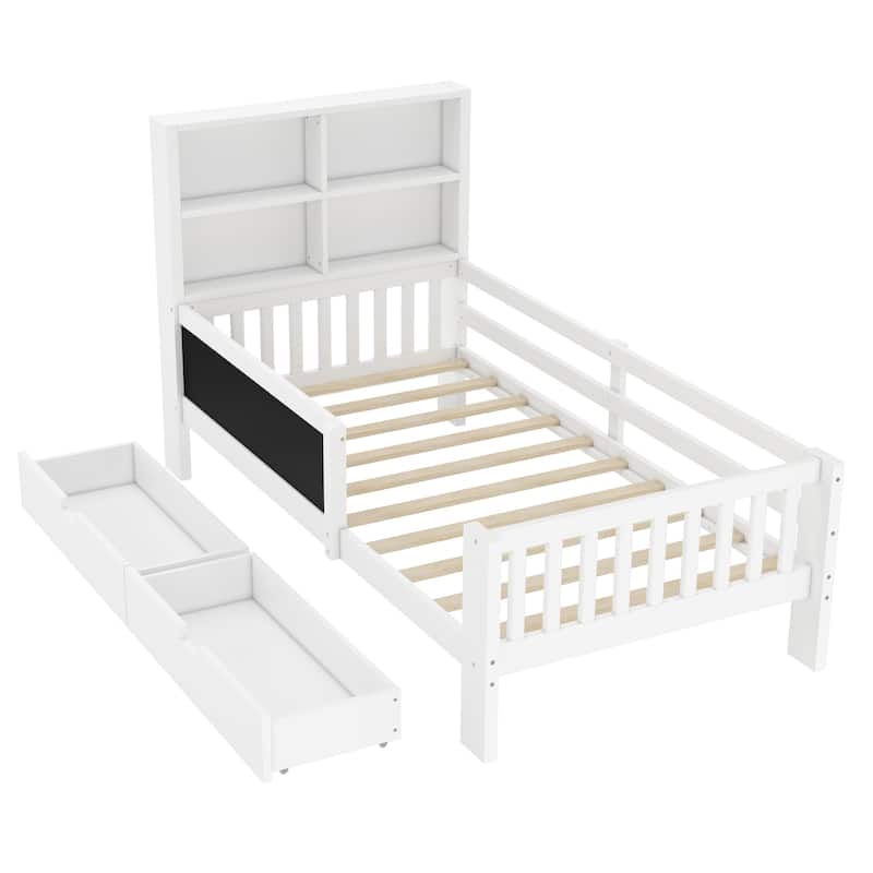 Childlike Fun Solid Wood Low-profile Platform Bed Storage Bed Frame with Side Chalkboard, Open Shelves, Drawers and Guardrails