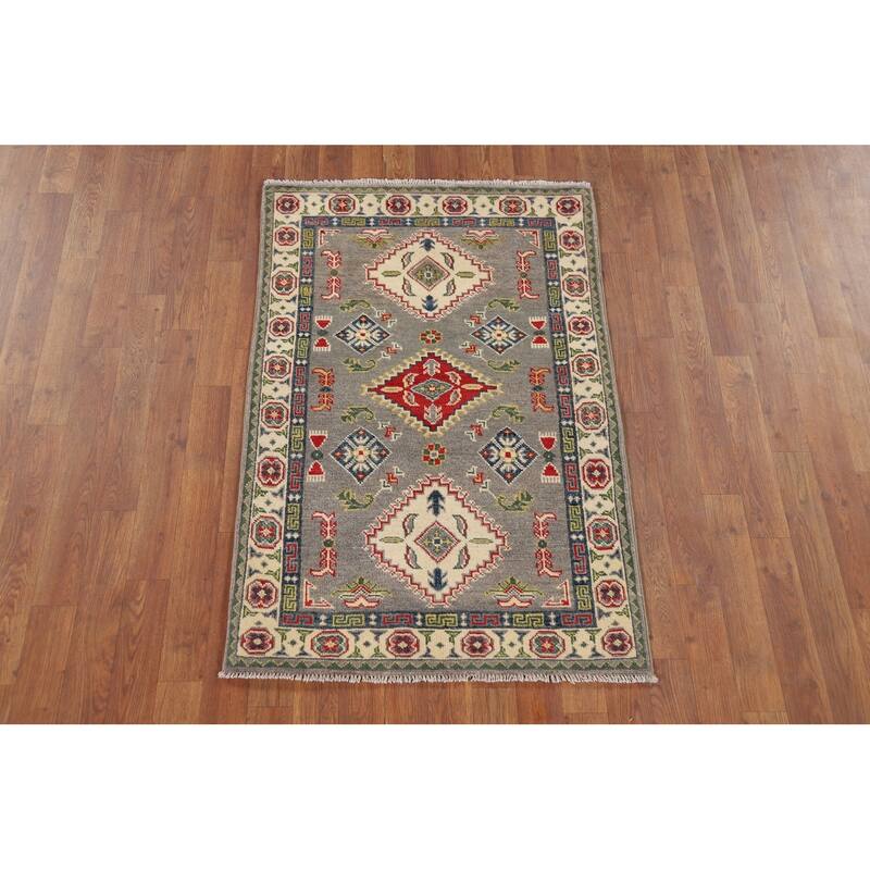 Gray Geometric Kazak Foyer Rug Hand-Knotted Oriental Wool Carpet - 2'8" x 4'1"