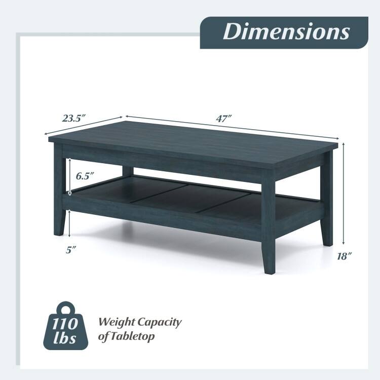 Engineered Wood Coffee Table 2-Tier with Storage and Raised Shelf - 47" x 23.5" x 18"