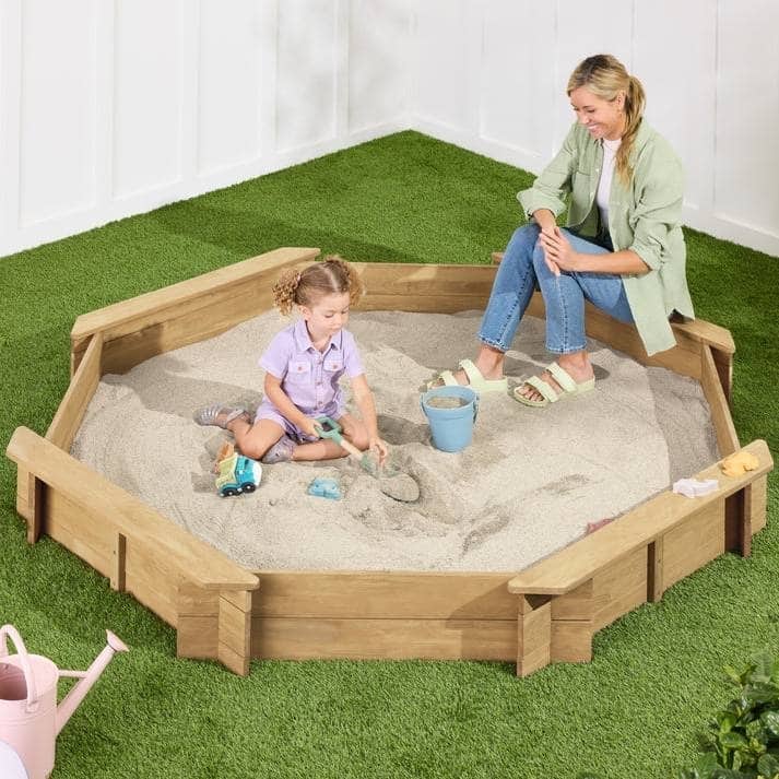 Outdoor Kids Sandbox with Bench Seats and Hemlock Wood Frame UV-Resistant Cover and Liner - 78”L x 78”W x 9”H