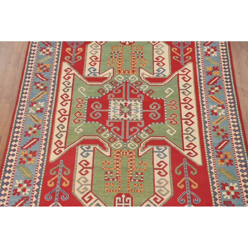 Green & Red Kazak Area Rug Hand-Knotted Wool Carpet - 6'7" x 9'7"