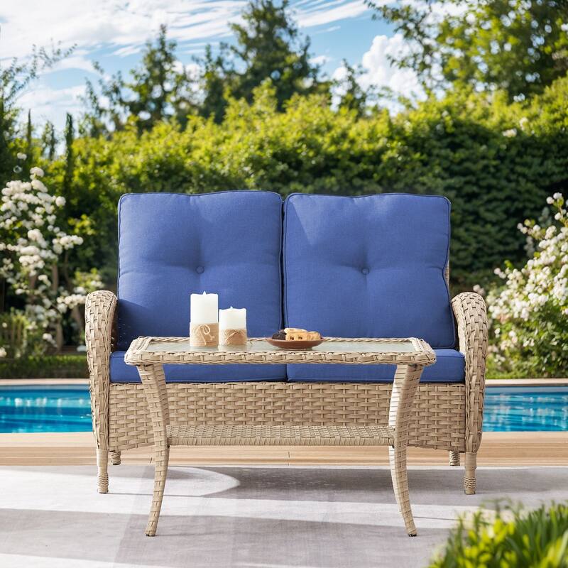 Gymojoy Outdoor Wicker Loveseat with Coffee Table and Outdoor Cushions