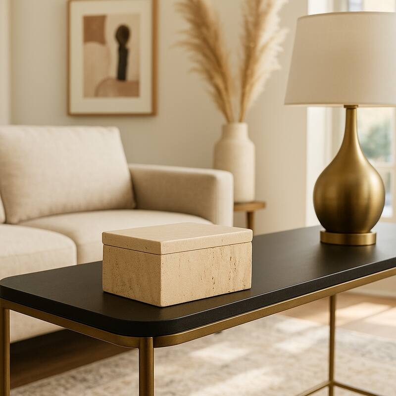Travertine Decorative Box with Lid - Tan