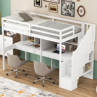 Twin Size Loft Bed with Storage Staircase and Double Desks White - Bed ...