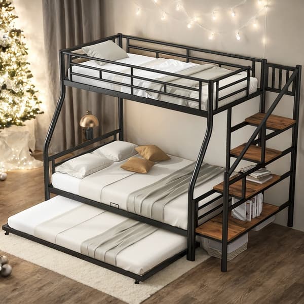 slide 2 of 16, Twin Over Full Size Bunk Bed With Trundle And Storage Staircase for Home Black