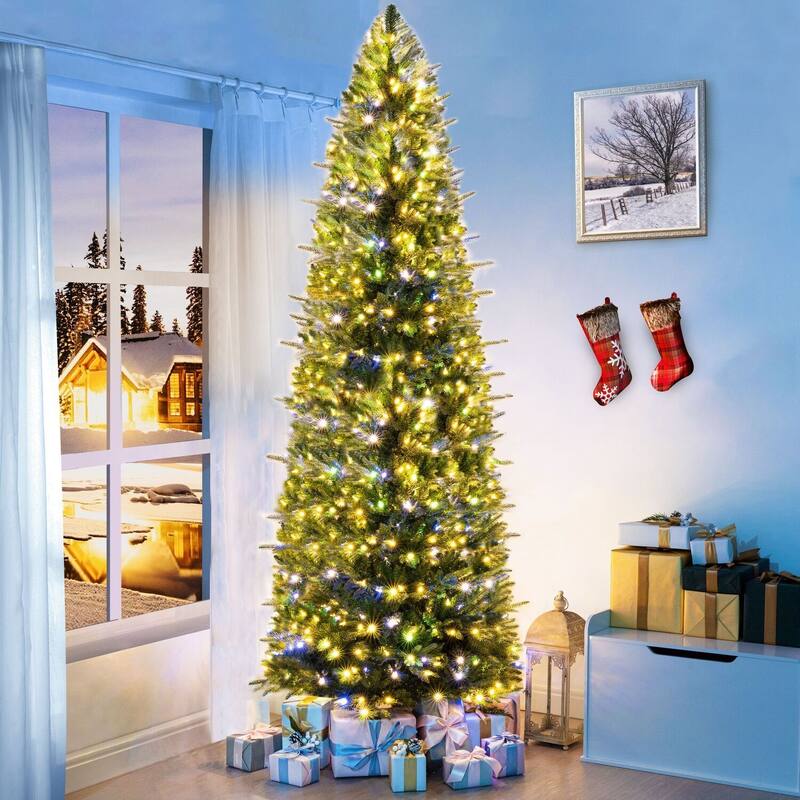 Artificial Prelit Fir Christmas Tree with Lights and Tips, Christmas Tree with Multi-Color LED Lights and Foot Pedal