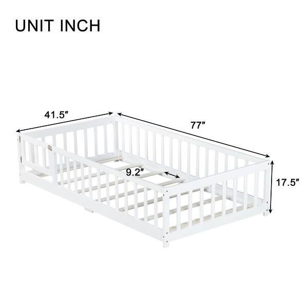 dimension image slide 2 of 5, Twin Size Wooden Floor Bed with Fence & Door, Rubber, Safety Guardrails, Natural