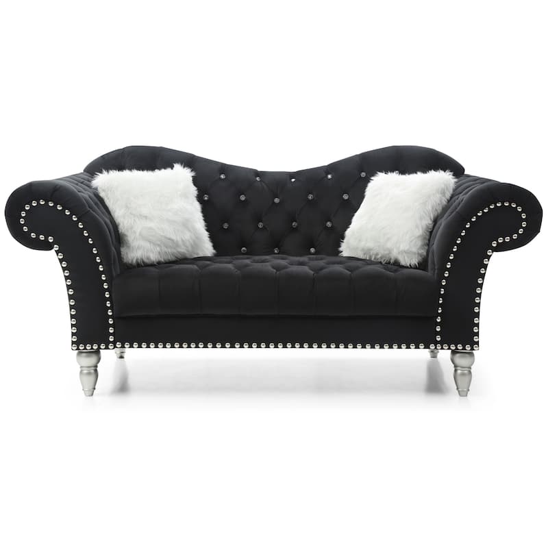 Tufted Velvet 3-Seater Sofa with Throw Pillows - 75" - Black