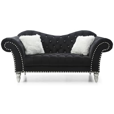Tufted Velvet 3-Seater Sofa with Throw Pillows - 75" - Black