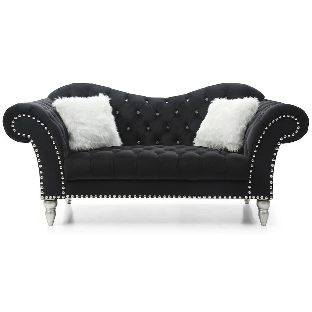 Tufted Velvet 3-Seater Sofa with Throw Pillows - 75" - Black
