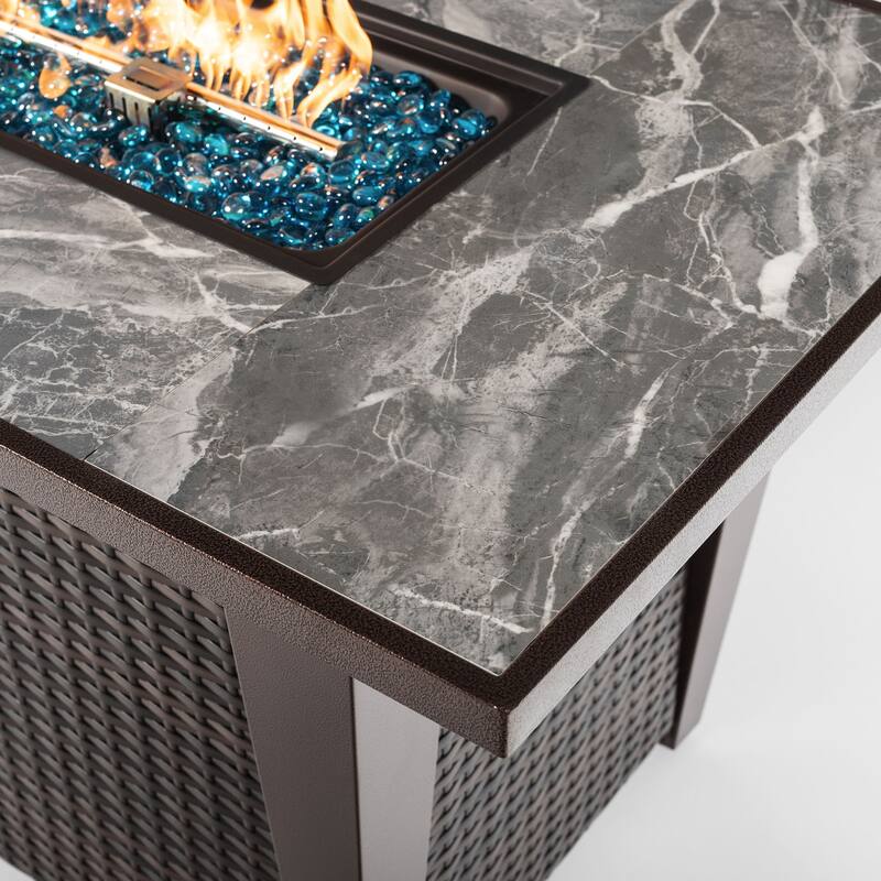 GDFStudio - Callahan 42" Steel Outdoor Fire Pit Table with Marble Tile Top, Glass Wind Guard & 50,000 BTU Flame