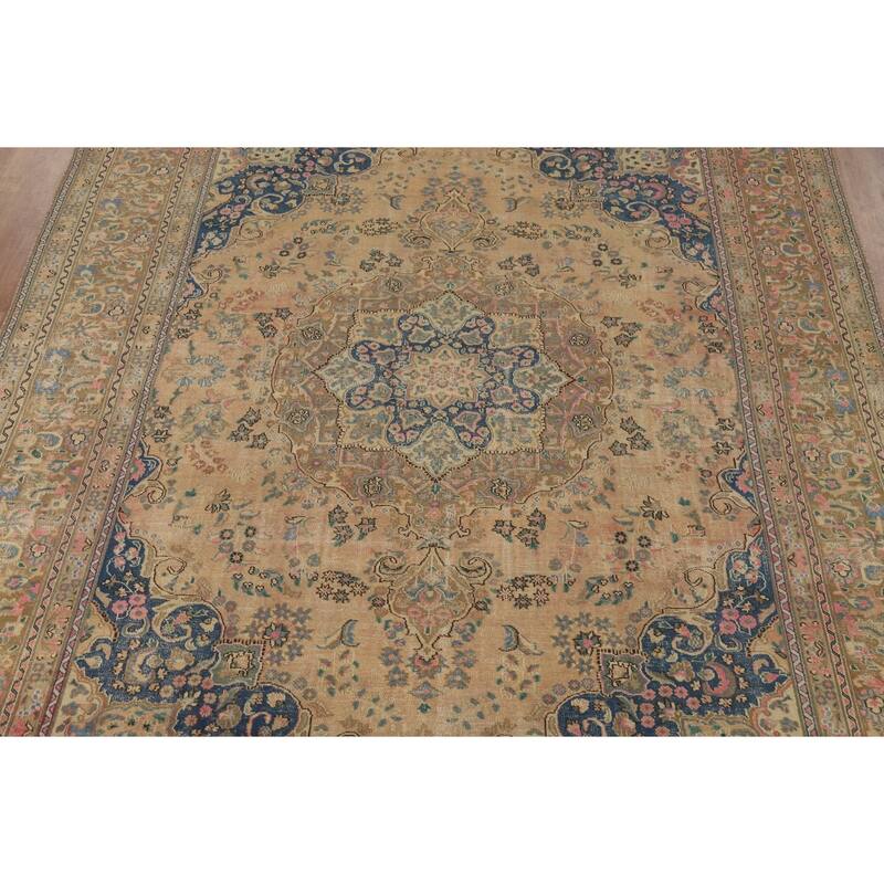 Mashad Persian Vintage Rug Hand-Knotted Traditional Wool Carpet - 9'7" x 12'10"